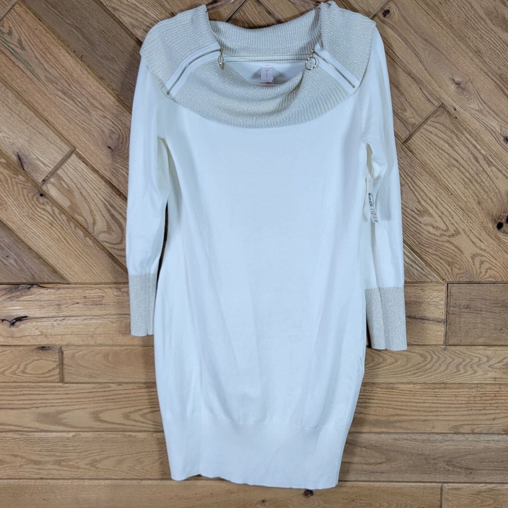 No Boundaries Womens Ivory Sweater Dress Metallic Knit Collar Cuffs Size L New